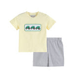 Toddler Boys Green Tractor Smocked T-Shirt and Gray Gingham Shorts Set