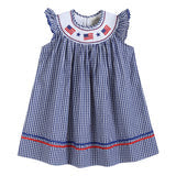 Girls Royal Blue Gingham American Flag Smocked Bishop Dress