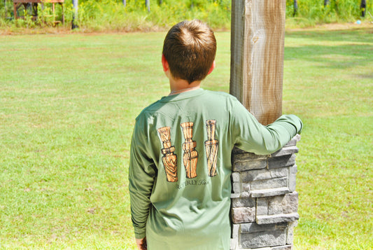 Boys Properly Tied Performance LS Tee Duck Calls in Olive