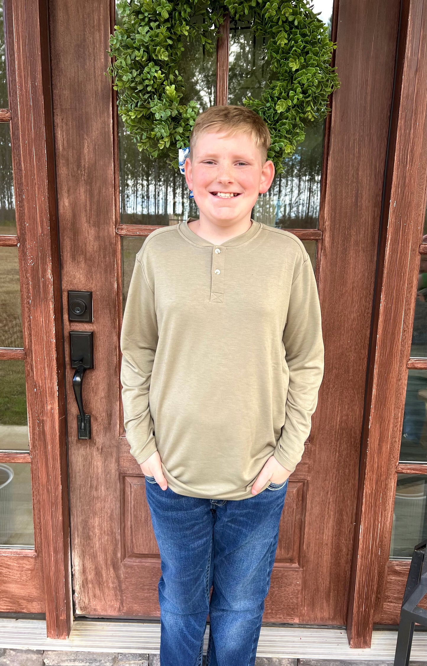 Boys Shoreline Henley Long Sleeve in Cedar | Properly Tied