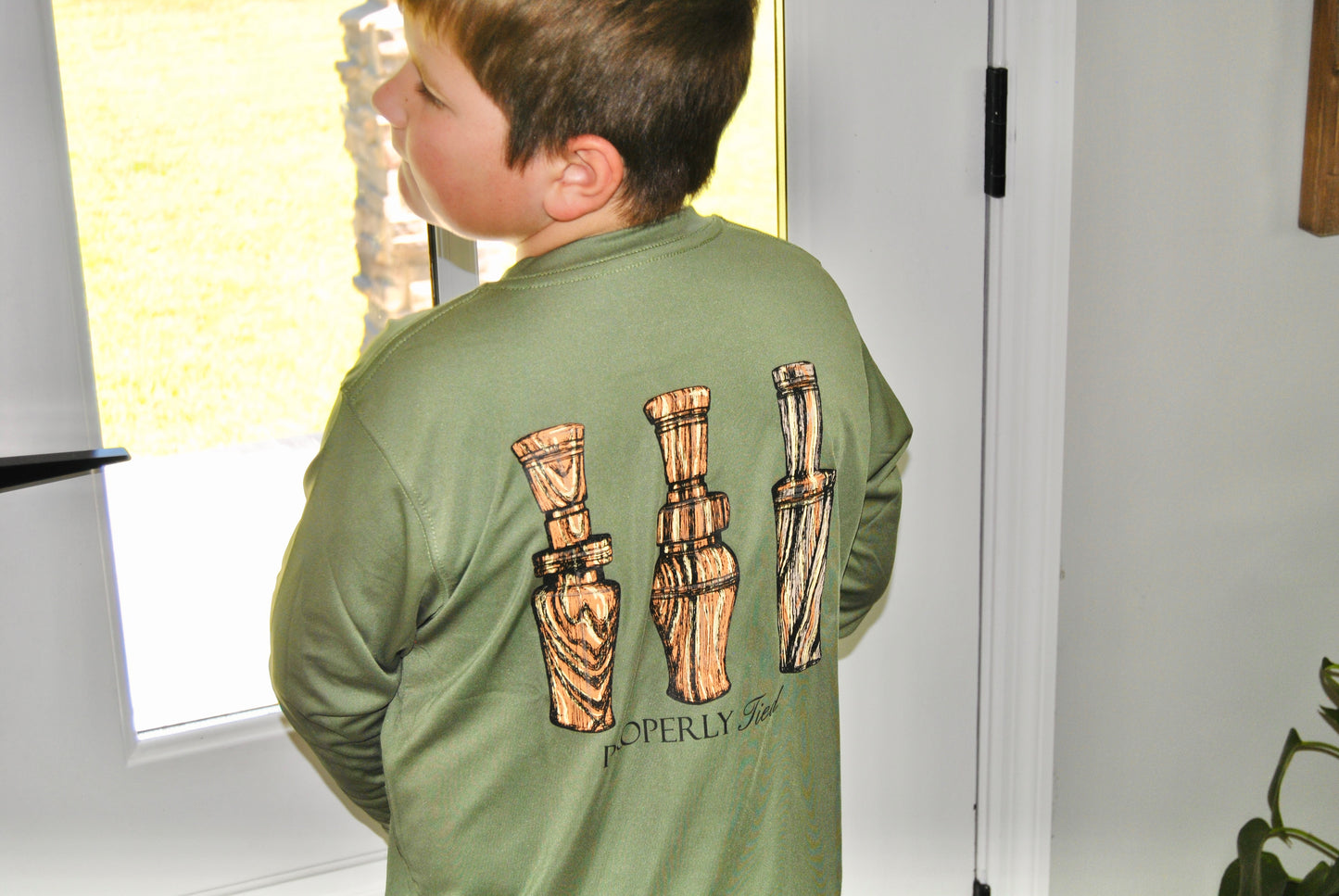 Boys Properly Tied Performance LS Tee Duck Calls in Olive