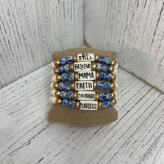 Audra Style Floral Affirmation Word Beaded Bracelet in Blue & White