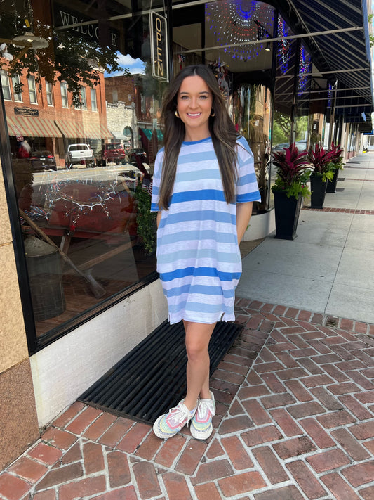 Sail Away Mini T-Shirt Dress in Shades of Blue